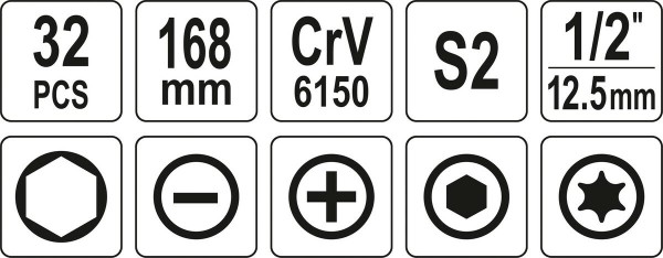 Викрутка реверсивна ударна YATO L= 168 мм, з викрутковими насадками і головками, 32 елем. в футлярі