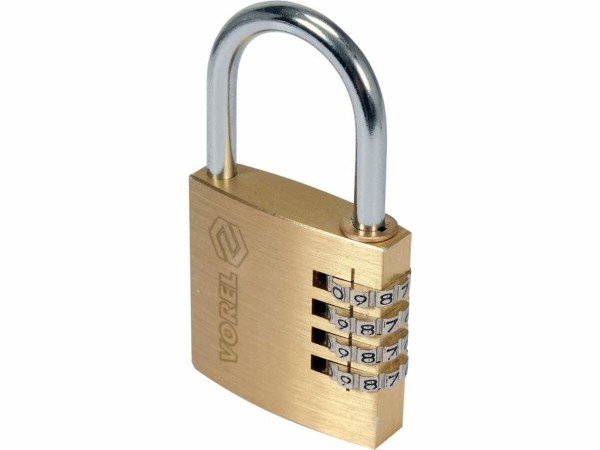Замок навісний з кодовим замиканням VOREL: латунний корпус- 40х 11,8х39,5 мм, стал дуга- 30х25х 5 мм