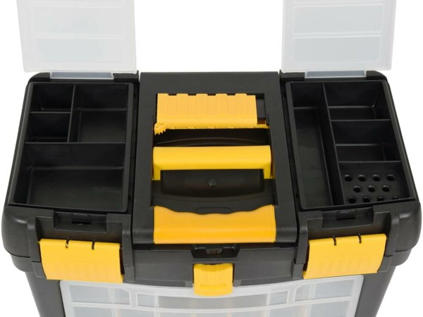 Ящик для інструментів на 2 колесах з ручкою пластиковий VOREL: 3 секції, 46х22х62/84 см, знімн орга