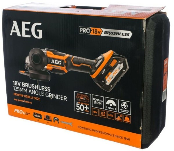 Шліфмашина кутова безщіткова акумул. AEG: Li-Ion 2x18 В 5 AхГод, диск Ø=125 мм, 11000об/хв