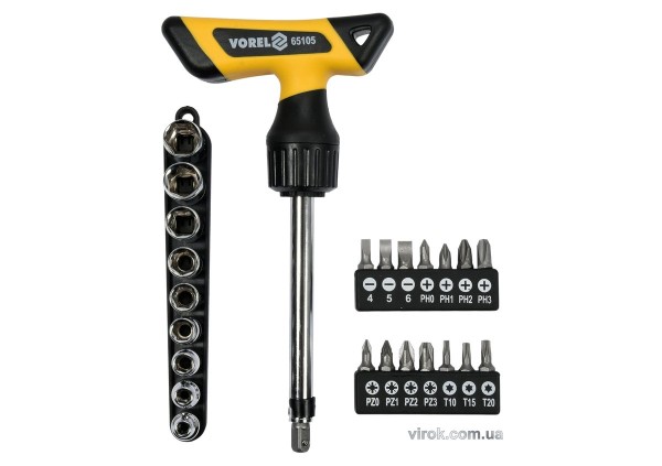Викрутка реверсивна Т-подібна VOREL: тріщатка, з насадками і головками 1/4