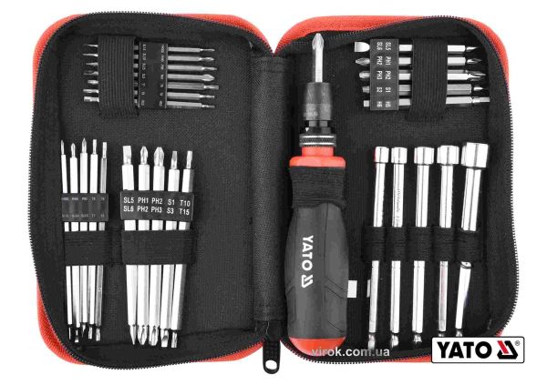 Викрутка реверсивна з набором біт YATO : HEX-1/4", CrV, 28 шт + чохол [6/12]