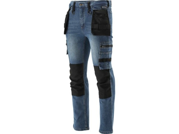 Штани робочі джинс стрейч YATO розмір L/XL- 98-106 см, ріст- 180-188см, тем-сині, 17 кишень, 71% бав