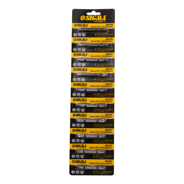 Набір біт двосторонніх PН1-PН2×65мм 1/4" 10шт S2 Chrome (стрічка) SIGMA (4011151)