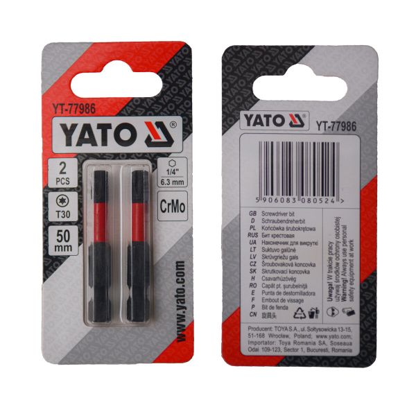 Насадка викруткова YATO TORX T30 х 50 мм. HEX 1/4", хром-молібден, 2 шт.