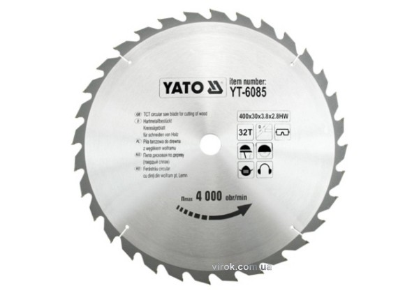 Диск пиляльний победітовий по дереву YATO: 400х30x3.8x2.8 мм, 32 зубці, R.P.M до 4000 1/хв [10]