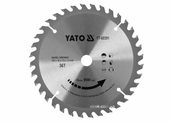 Диск пиляльний победітовий по дереву YATO: 165x16x2.2x1.5 мм, 36 зубців, R.P.M до 9500 1/хв [25/50]