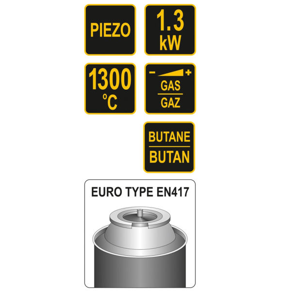 Пальник газовий VOREL з п`єзозапалом; тип з`єднання EN417 (цангове) макс. t=1300°C, P=1,3кВт [10/60]