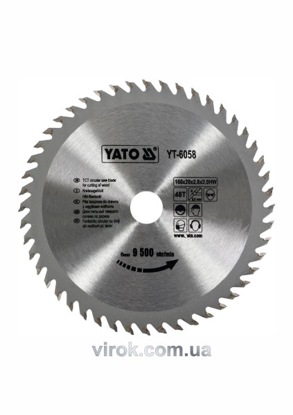 Диск пиляльний победітовий по дереву YATO: 160x20x2.8x2.0 мм, 48 зубців, R.P.M до 9500 1/хв [25/50]