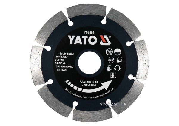 Диск відрізний алмазний по каменю і бетону YATO Ø=115x1.8x10x22.2 мм, в мокрому і сухому режимі [20]