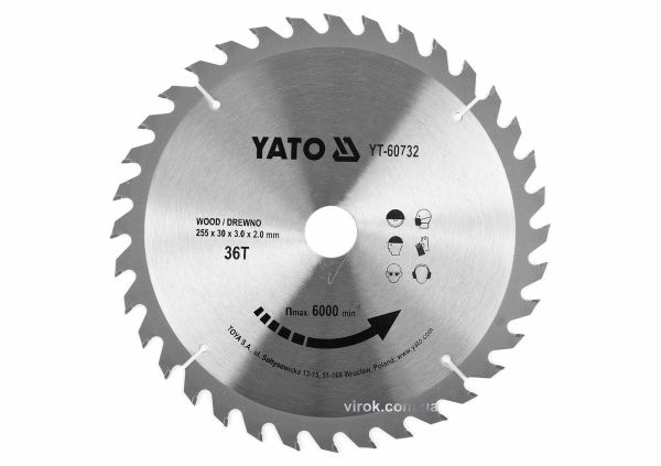 Диск пиляльний победітовий по дереву YATO: 255x30x3.0x2.0 мм, 36 зубців, R.P.M до 6000 1/хв [10/20]