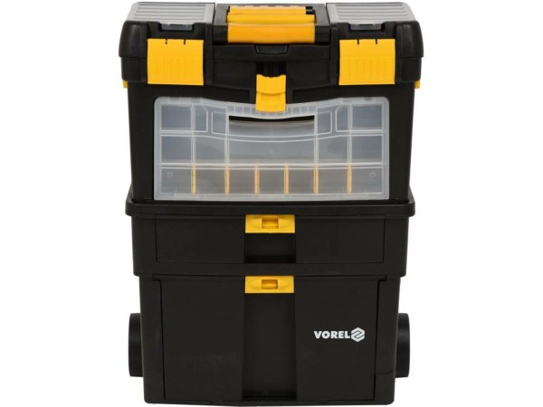 Ящик для інструментів на 2 колесах з ручкою пластиковий VOREL: 3 секції, 46х22х62/84 см, знімн орга