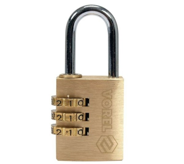 Замок навісний з кодовим замиканням VOREL: латунний корпус- 25х 10,2х30,4 мм, стал дуга- 22х12х 4 мм