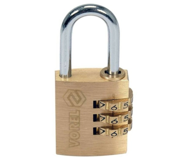 Замок навісний з кодовим замиканням VOREL: латунний корпус- 25х 10,2х30,4 мм, стал дуга- 22х12х 4 мм