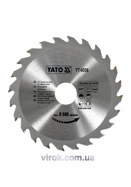 Диск пиляльний победітовий по дереву YATO: 160х30х2.8х2.0 мм, 24 зубці, R.P.M до 9500 1/хв [25/50]