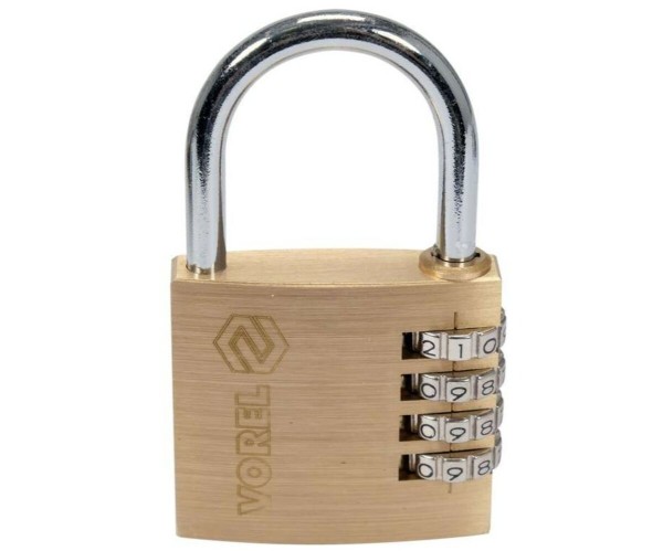 Замок навісний з кодовим замиканням VOREL: латунний корпус- 50х 13.9х46 мм, сталев дуга- 34х32х 6 мм