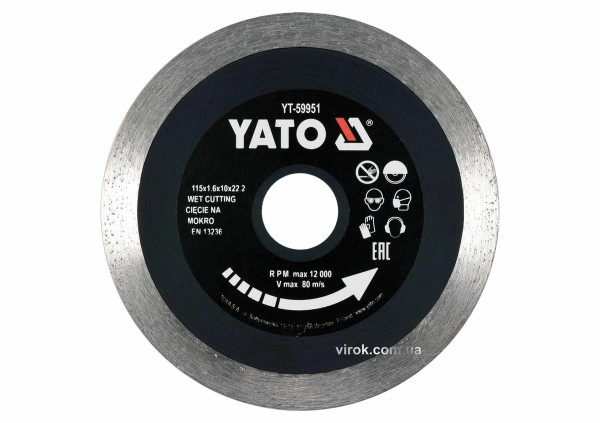 Диск відрізний алмазний по гресу, склу, кераміці YATO Ø=115х1.6х10х22.2 мм,в мокрому режимі [20/200]