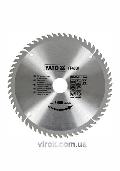 Диск пиляльний победітовий по дереву YATO: 210х30x3.2x2.2 мм, 60 зубців, R.P.M. до 8000 1/хв [10/20]