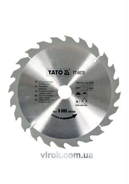 Диск пиляльний победітовий по дереву YATO: 250х30х3.2х2.2 мм, 24 зубці, R.P.M до 6000 1/хв [10/20]