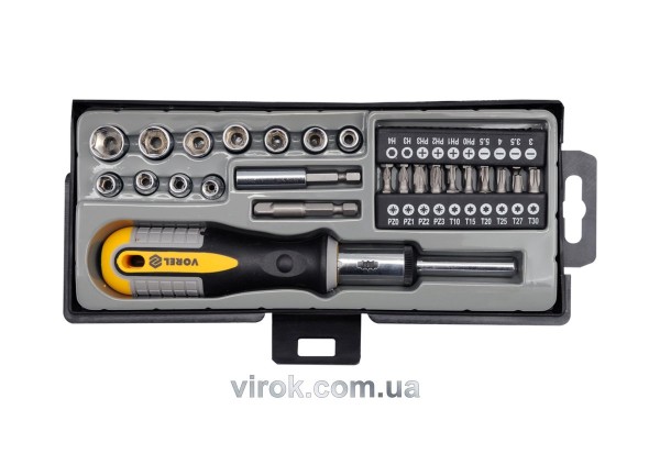 Викрутка реверсивна VOREL : тріщатка, 21 насадки, адаптер, тримач, Cr-V [кейс]. Набір 36 Од. [6/24]