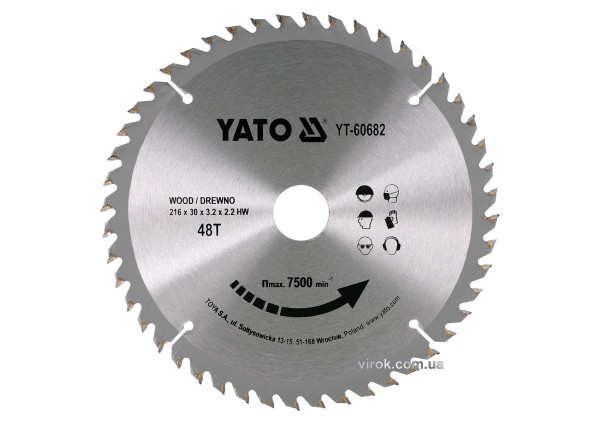 Диск пиляльний победітовий по дереву YATO: 216х30х3.2х2.2 мм, 48 зубців, R.P.M до 7500 1/хв [10/20]