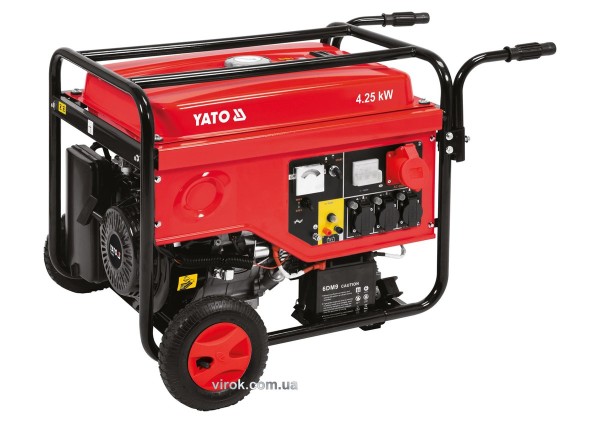Генератор струму бензиновий YATO: W= 4.25/5.5 кВт, U= 230/380В, 1-3фази, бак- 25л (1.1л олива) AVR