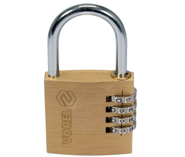Замок навісний з кодовим замиканням VOREL: латунний корпус- 40х 11,8х39,5 мм, стал дуга- 30х25х 5 мм