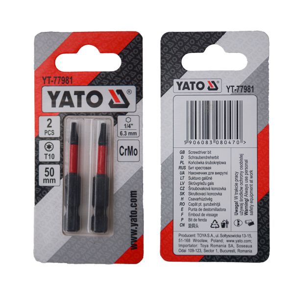 Насадка викруткова YATO TORX T10 х 50 мм HEX 1/4", хром-молібден, 2 шт.
