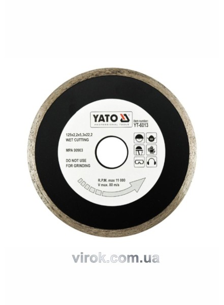 Диск алмазний суцільний YATO : Ø= 125x5,3x22,2 мм. H= 2,2 мм. для мокрої різки [20/160]