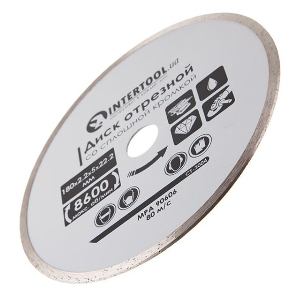 Диск відрізний алмазний по плитці, з суцільною крайкою, 180 мм, 16-18% INTERTOOL CT-3004