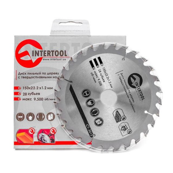 Диск пиляльний по деревині з твердосплавними напайками 150*22.2*1.5 мм, 28 зубів INTERTOOL CT-3015