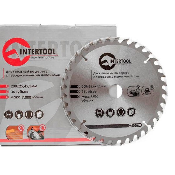 Диск пиляльний по деревині з твердосплавними напайками 200*25.4*1.5 мм , 36 зубів INTERTOOL CT-3020