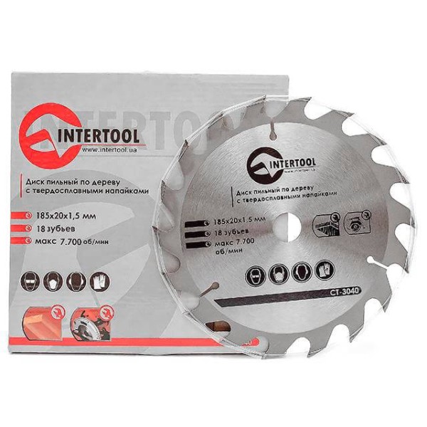 Диск пиляльний по деревині з твердосплавними напайками 185*20*1.5 мм, 18 зубів INTERTOOL CT-3040
