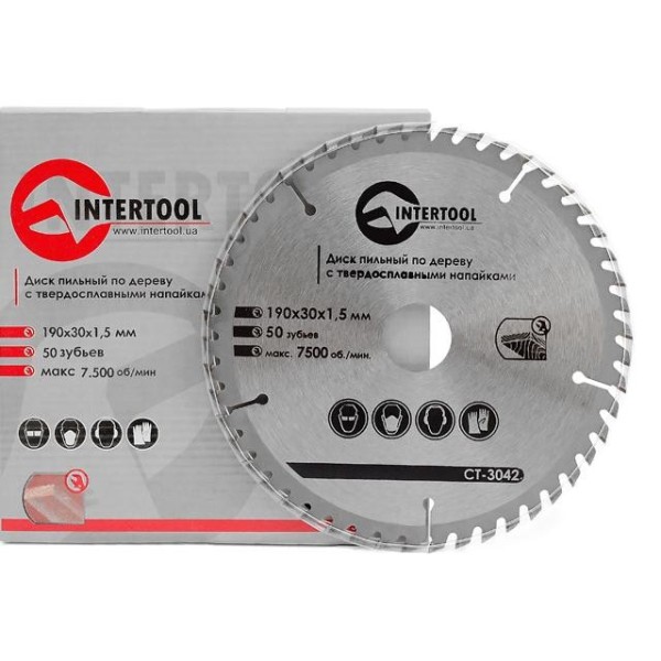 Диск пиляльний по деревині з твердосплавними напайками 190*30*1.5 мм , 50 зубців, 7500 об/хв. INTERTOOL CT-3042