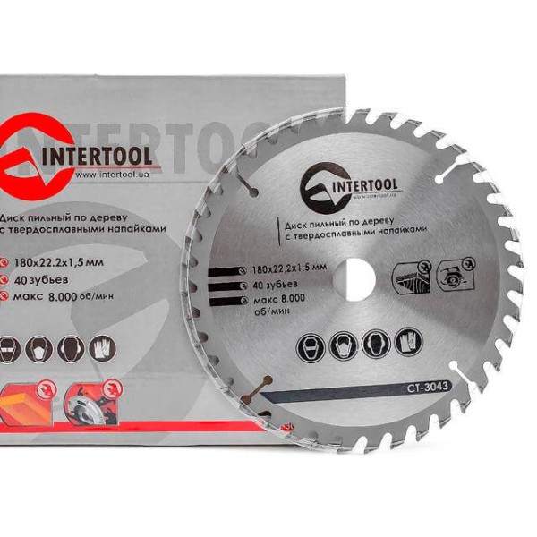 Диск пиляльний по деревині з твердосплавними напайками 180*22*1.5 мм, 40 зубів INTERTOOL CT-3043