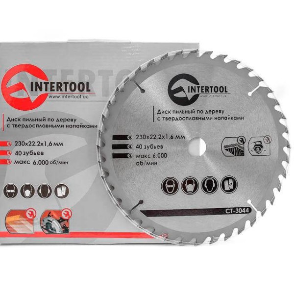 Диск пиляльний по деревині з твердосплавними напайками 230*22*1.6 мм, 40 зубів INTERTOOL CT-3044