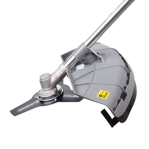 Тример електричний, 1400 Вт, 230 В~50 Гц, 7500 об/хв, плавний пуск,рем.привід, діаметр обертання диска/ліски 255/420 мм, котушка + 3-х зубчастий ніж INTERTOOL DT-2258