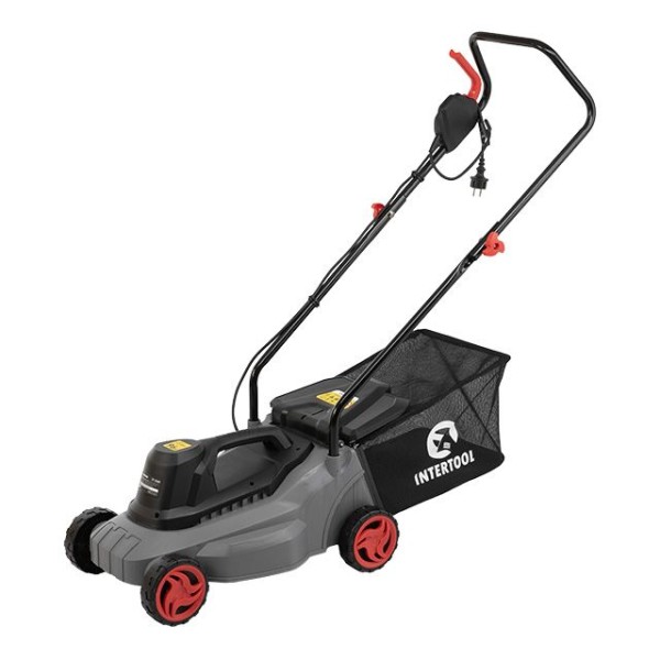 Газонокосарка електрична 1.2 кВт, 230 В~50 Гц, 3300 об/хв, ширина захвату 320 мм, висота зрізу 27/45/52 мм, контейнер 30 літрів INTERTOOL DT-2260