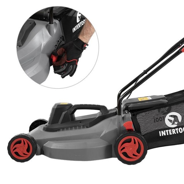 Газонокосарка електрична 1.8 кВт, 230 В~50 Гц, 3000 об/хв, ширина захвату 400 мм, висота зрізу 25-75 мм, контейнер 35 літрів INTERTOOL DT-2262