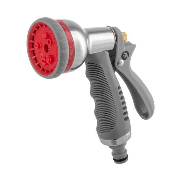 Пістолет-розпилювач для поливу хромований, 8 функцій (центральний, туман, душ, кутовий, повний, злива, конічний, плоский) ABS, PP, TPR, Zinc alloy INTERTOOL GE-0004