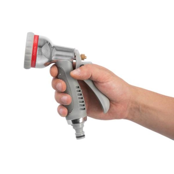 Пістолет-розпилювач для поливу хромований, 8 функцій (центральний, туман, душ, кутовий, повний, злива, конічний, плоский) ABS, PP, TPR, Zinc alloy INTERTOOL GE-0004