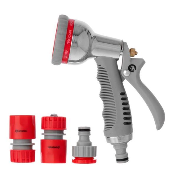 Пістолет-розпилювач для поливу хромований, 8 функцій (центральний, туман, душ, кутовий, повний, злива, конічний, плоский), адаптер 1/2", 3/4", конектори на шланг 1/2" INTERTOOL GE-0005