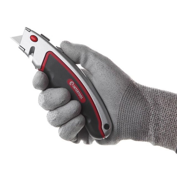 Ніж з висувним трапецієподібним лезом, металевий корпус, прогумований INTERTOOL HT-0516