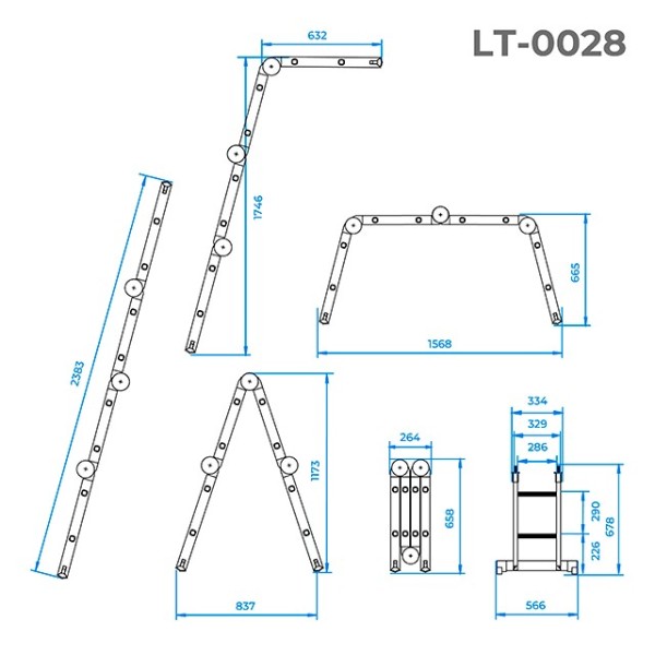 Драбина з алюмінію, багатофункціональна, трансформер, 4*2, 2,38 м INTERTOOL LT-0028