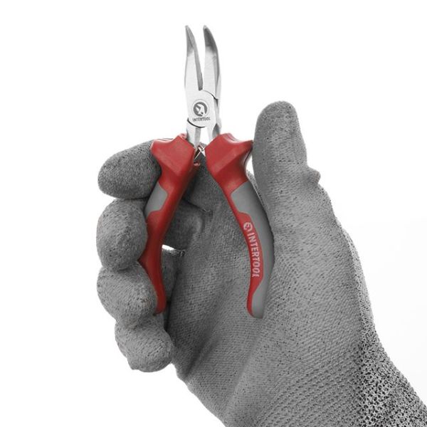 Плоскогубці подовжені вигнуті прецизійні з двокомпонентними накладками на рукоятках, 115 мм INTERTOOL NT-0103