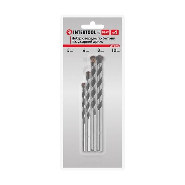 Набір свердел по бетону 4 шт (5, 6, 8, 10 мм) INTERTOOL SD-0105