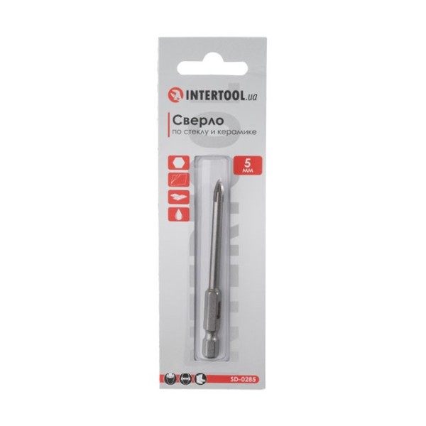 Свердло по склу та кераміці 5 мм HEX 1/4'' (6.35 mm) INTERTOOL SD-0285