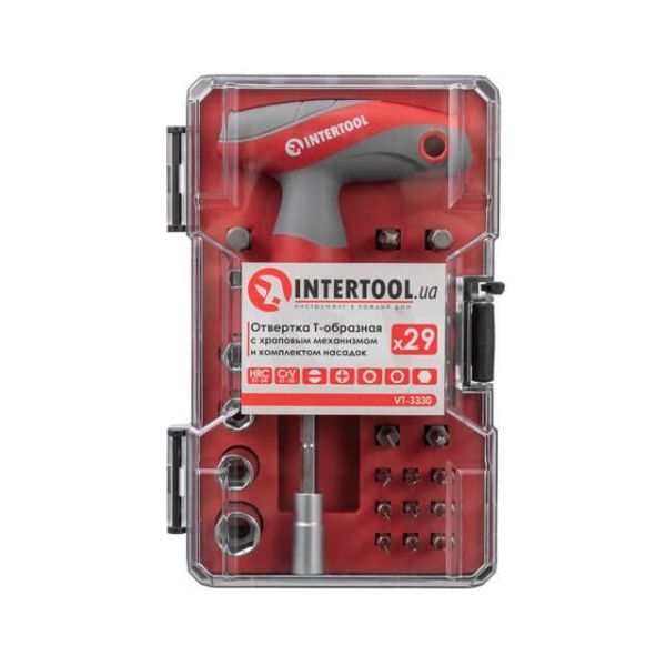 Викрутка Т-подібна з храповим механізмом і комплектом насадок 29 од. INTERTOOL VT-3330