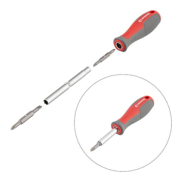 Викрутка з двосторонніми змінними насадками 6 в 1 (SL6.35 * 65мм, PH1 * 5мм, SL8.0 * 75мм, PH2 * 6мм, внутрішній шестигранник 6мм, 8мм INTERTOOL VT-3341