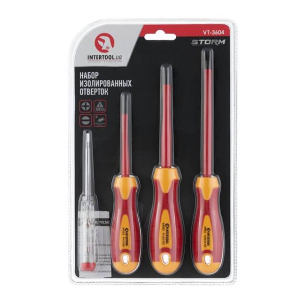 Набір ізольованих викруток з викруткою-індикатором, 4 од VDE (SL1.0 * 5.5 * 125мм, PH1 * 80мм, PH2 * 100мм, викрутка індикатор.), STORM INTERTOOL VT-3604